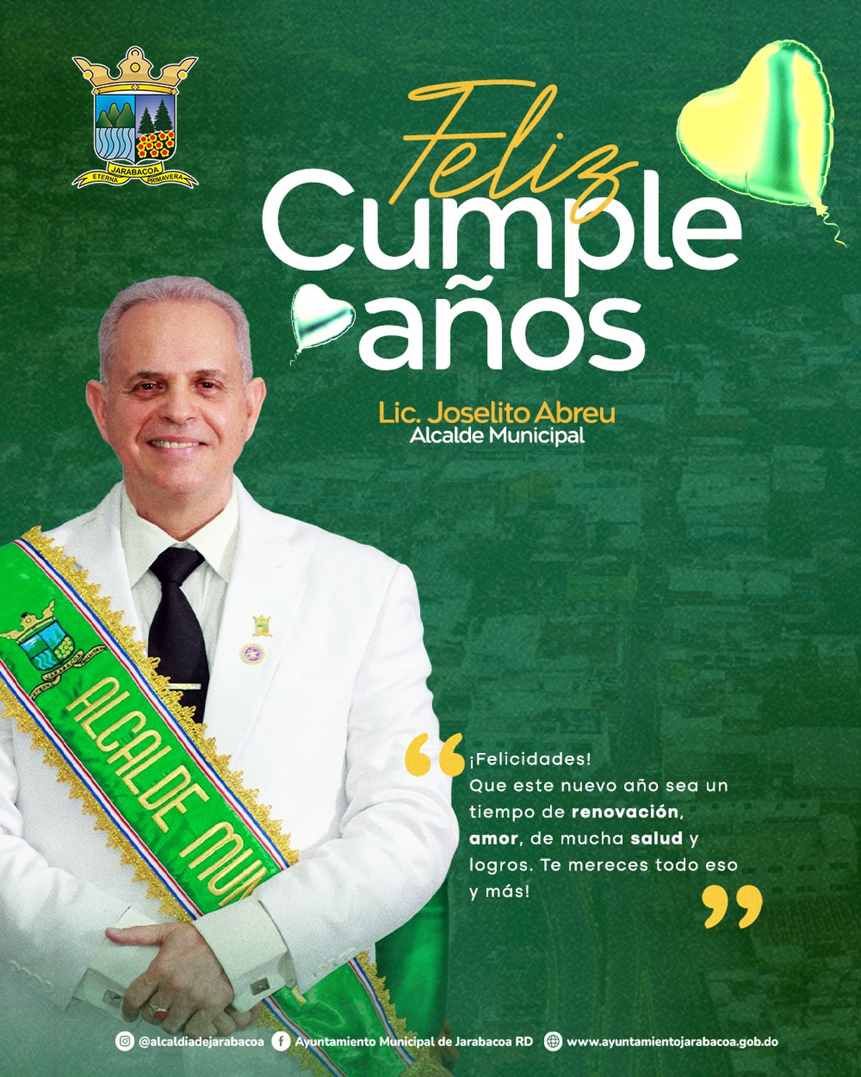 Hoy queremos felicitar a nuestro querido alcalde en el día de su cumpleaños y pedimos a Dios para que le siga dando salud y la sabiduría para seguir aportando al desarrollo de nuestro municipio. ¡Feliz cumpleaños